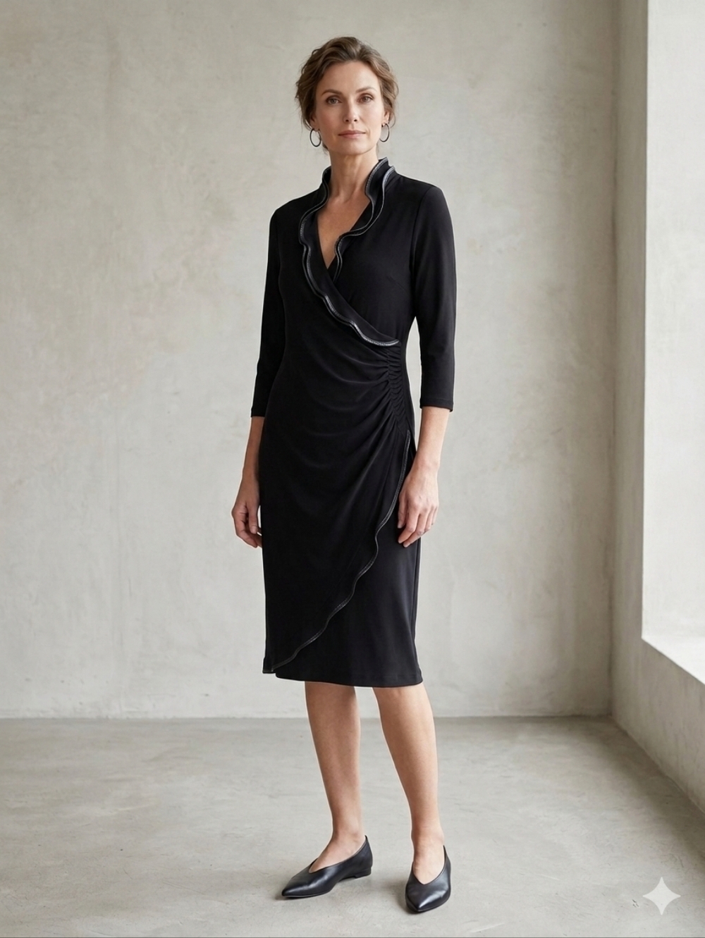 Frank Lyman Black Wrap Midi Dress With Front Ruffle